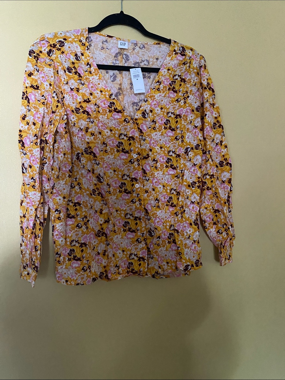 GAP Factory Yellow Pink Floral V-Neck Button Blouse